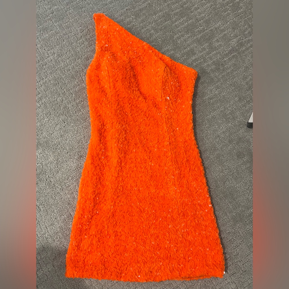 One shoulder orange sequin mini dress with strappy back!!